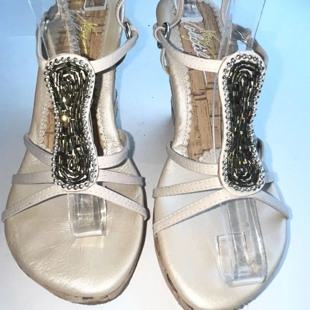 Very Volatile Women’s Beaded Ankle Strap Wedge Heels Cream Tan Size 6